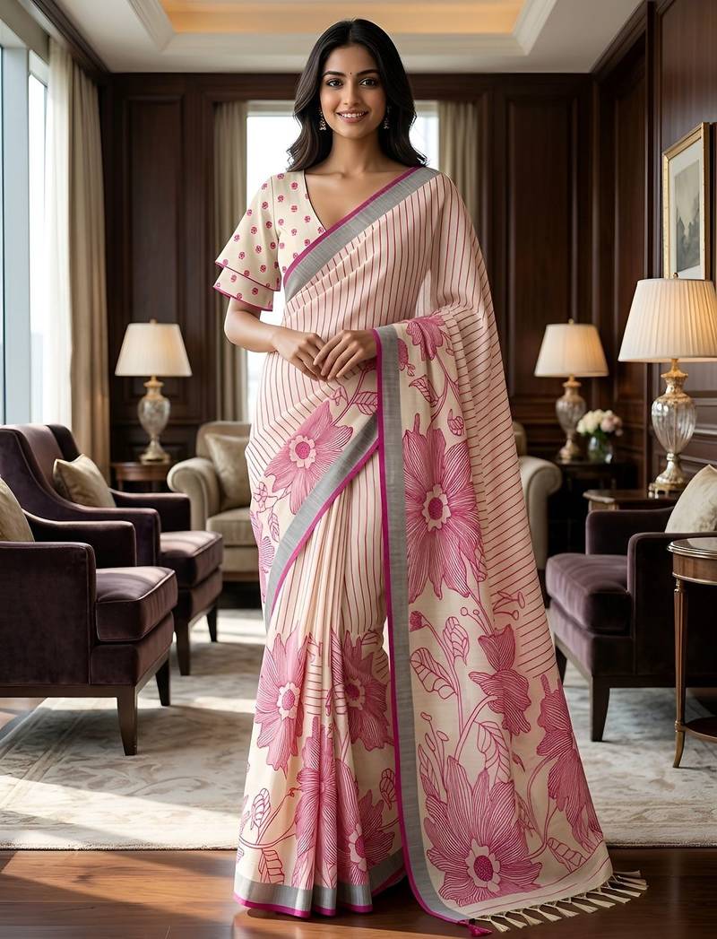 Sage green easy drape floral linen saree