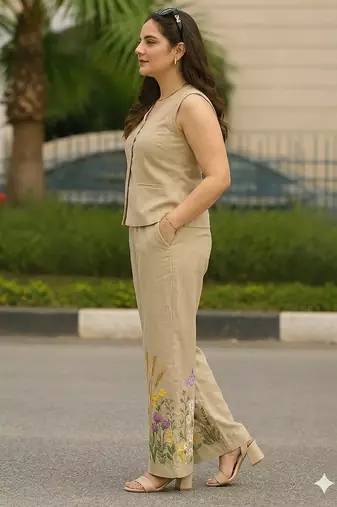 Beautiful beize cord set with embroidredpant