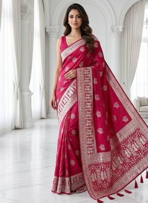 Rani pink easy drape zari saree 1