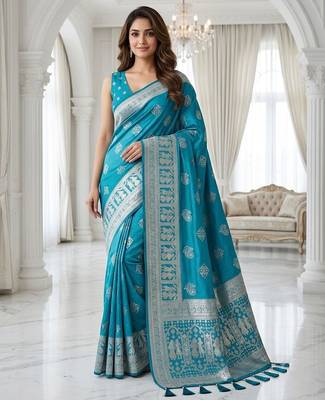 Rama blue ready made zari saree 1