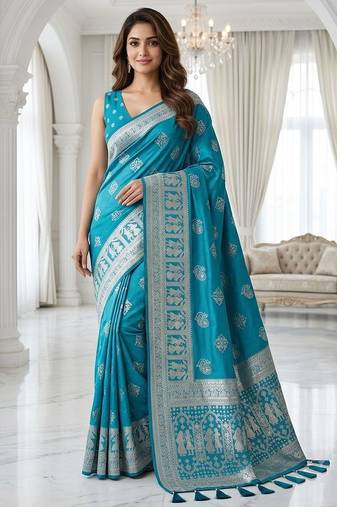 Rama blue ready made zari saree