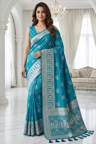 Rama blue ready made zari saree