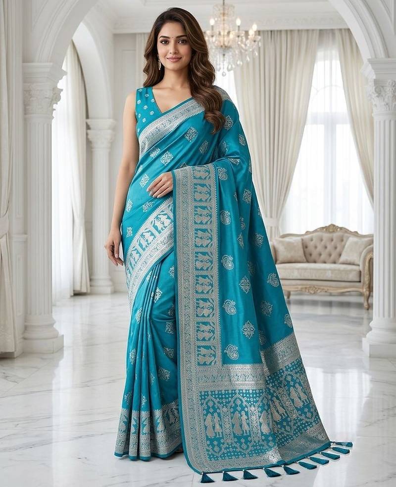 Rama blue ready made zari saree