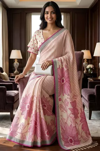 Sage green easy drape floral linen saree