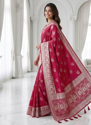Rani pink easy drape zari saree 2