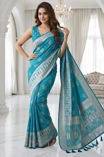 Rama blue ready made zari saree