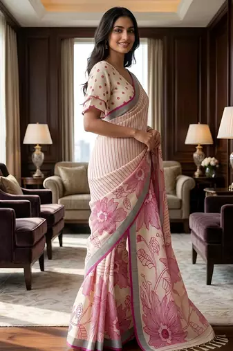 Sage green easy drape floral linen saree