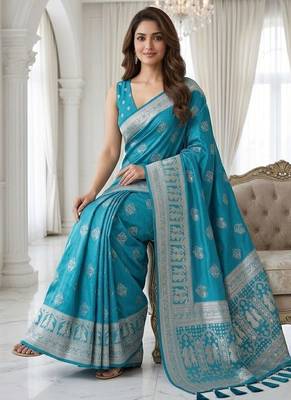 Rama blue ready made zari saree 3