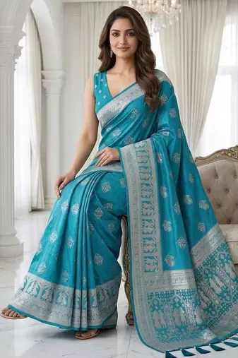 Rama blue ready made zari saree
