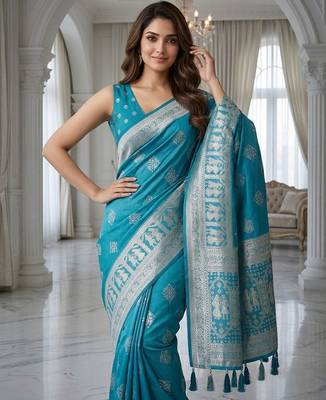 Rama blue ready made zari saree 4