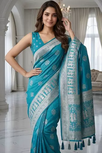 Rama blue ready made zari saree