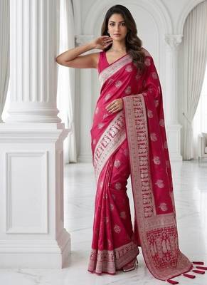 Rani pink easy drape zari saree 4