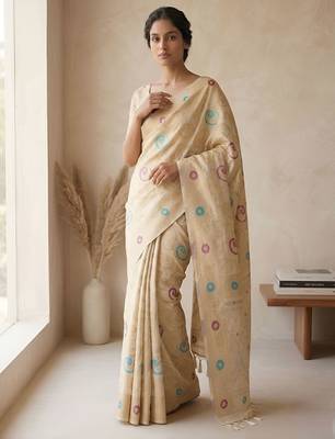 Beige woven ready to wear linen cotton  saree 1