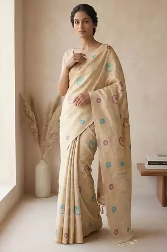 Beige woven ready to wear linen cotton  saree