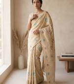 Beige woven ready to wear linen cotton  saree