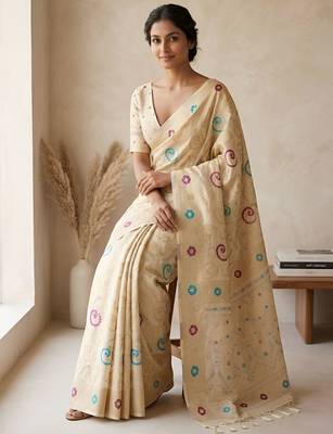 Beige woven ready to wear linen cotton  saree 2