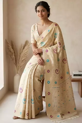 Beige woven ready to wear linen cotton  saree