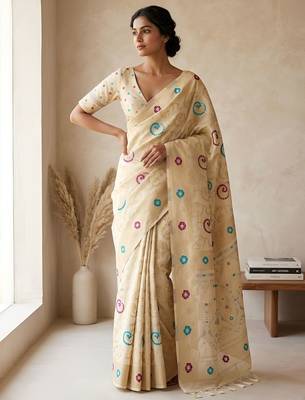Beige woven ready to wear linen cotton  saree 3