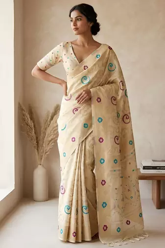 Beige woven ready to wear linen cotton  saree