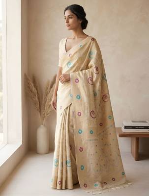 Beige woven ready to wear linen cotton  saree 4