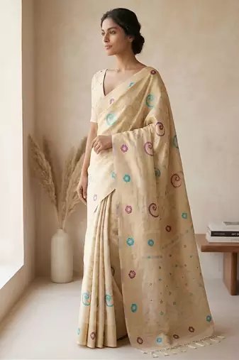Beige woven ready to wear linen cotton  saree