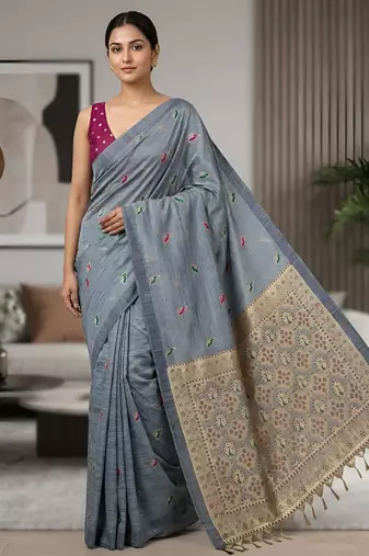Steel grey pre draped cotton silk saree
