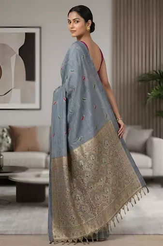 Steel grey pre draped cotton silk saree