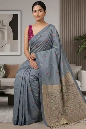 Steel grey pre draped cotton silk saree