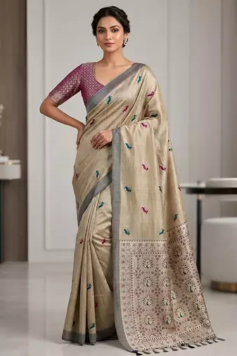 Champagne paisley readymade cotton saree