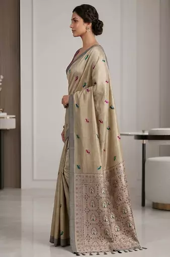 Champagne paisley readymade cotton saree