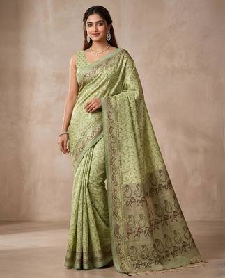 Pistachio paisley ready pleated saree 1