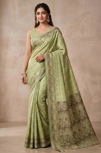 Pistachio paisley ready pleated saree