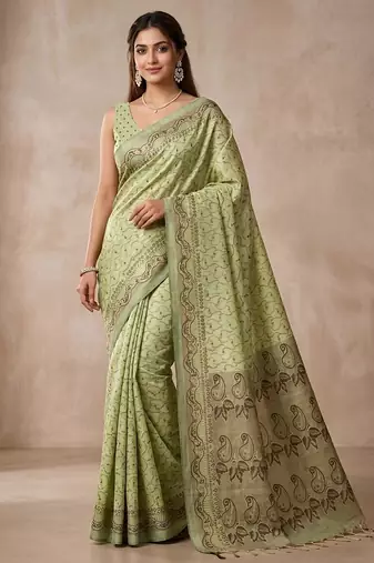 Pistachio paisley ready pleated saree