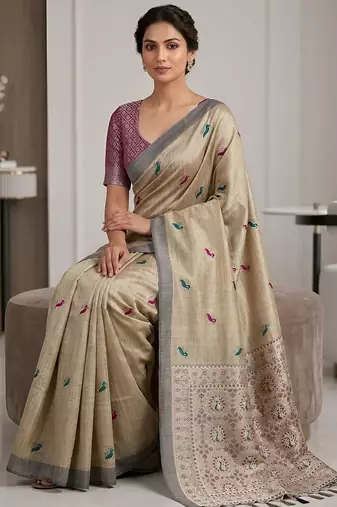 Champagne paisley readymade cotton saree