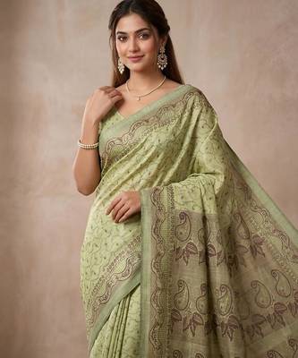 Pistachio paisley ready pleated saree 4