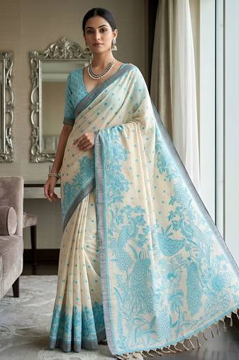 Rama blue ready pleated kalamkari linen saree