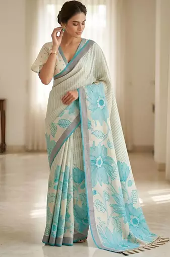 Aqua rama ready made floral linen saree