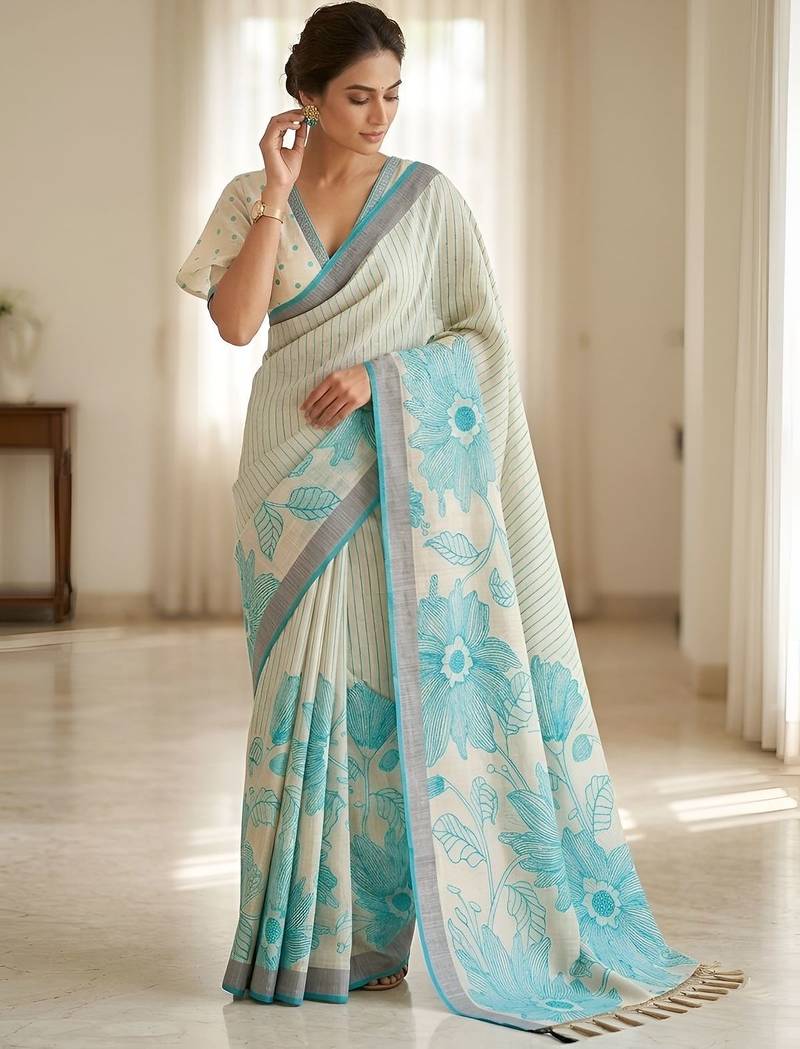 Aqua rama ready made floral linen saree