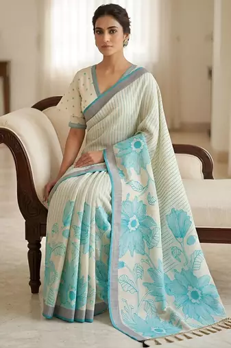 Aqua rama ready made floral linen saree