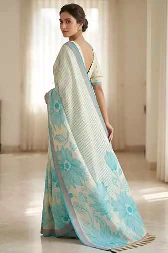 Aqua rama ready made floral linen saree