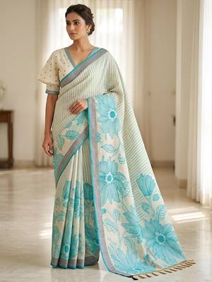 Aqua rama ready made floral linen saree 4