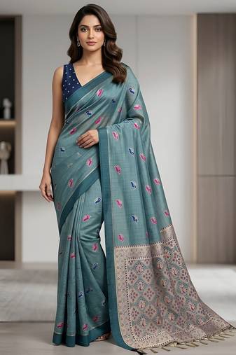 Teal paisley ready to wear cotton saree