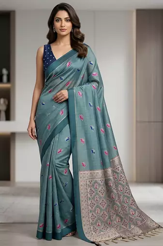 Teal paisley ready to wear cotton saree