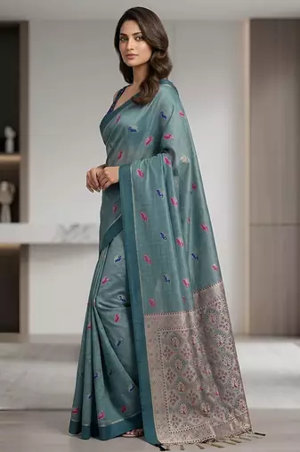 Teal paisley ready to wear cotton saree