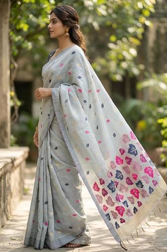 Grey handwoven pre stitched linen saree