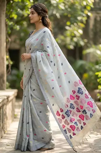 Grey handwoven pre stitched linen saree