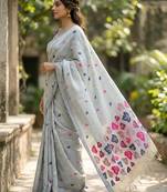 Grey handwoven pre stitched linen saree