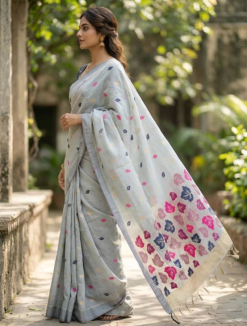 Grey handwoven pre stitched linen saree