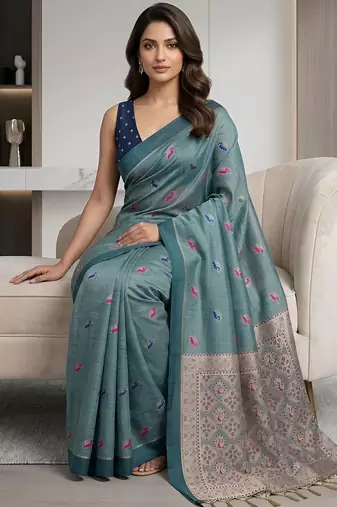 Teal paisley ready to wear cotton saree