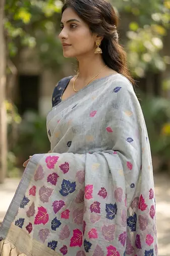 Grey handwoven pre stitched linen saree